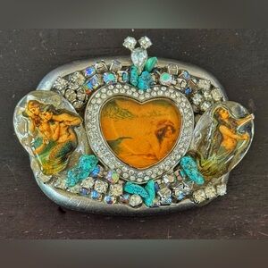 Vintage Mermaid Heart Rhinestone Belt Buckle with Turquoise Accents. Huge